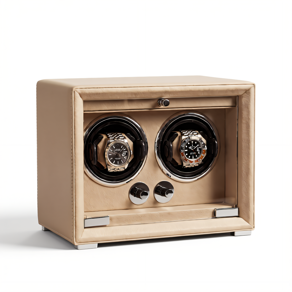 Double Watch Winder, Cream Leather