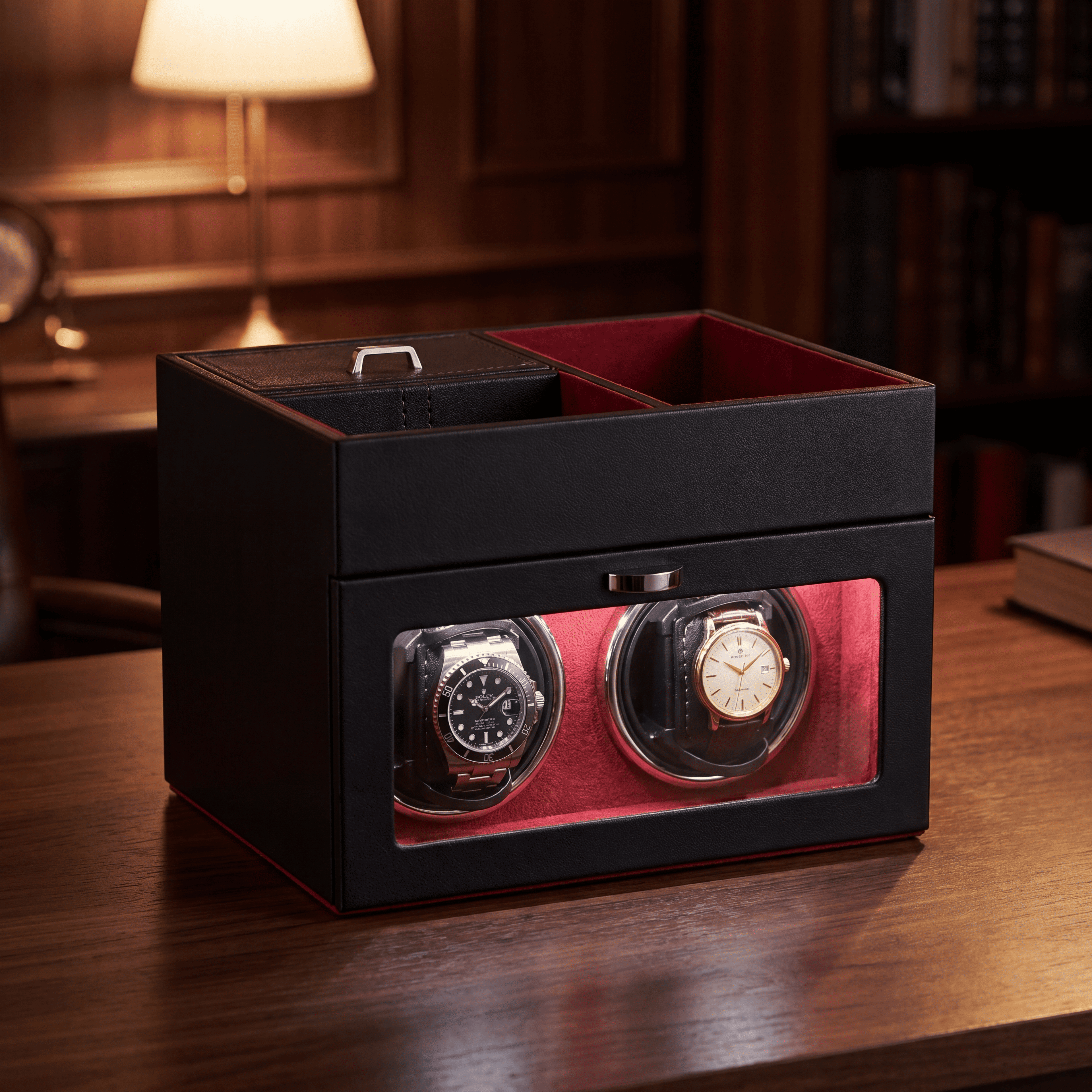 Double Watch Winder with Jewelry Box, Red