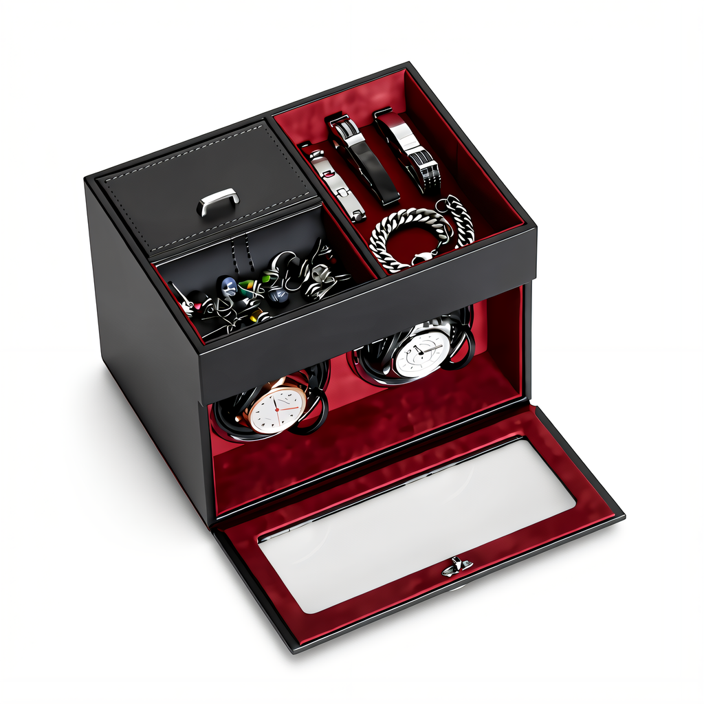 Double Watch Winder with Jewelry Box, Red
