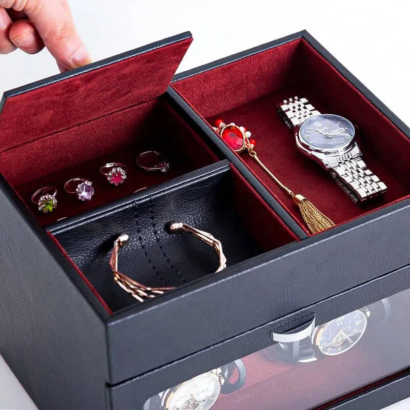 Double Watch Winder with Jewelry Box, Red