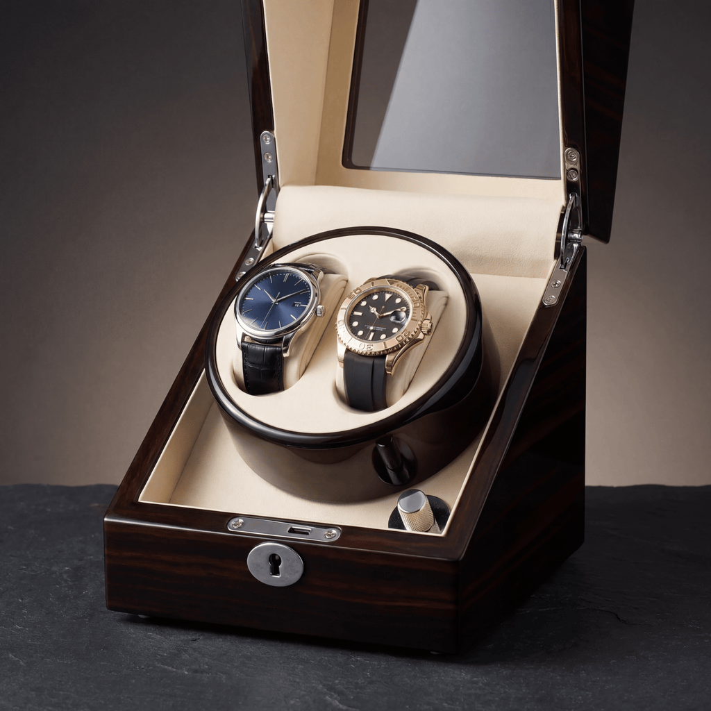 Double Watch Winder, Wood and Glass