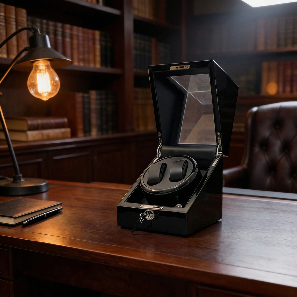 Double Watch Winder, Wood and Glass
