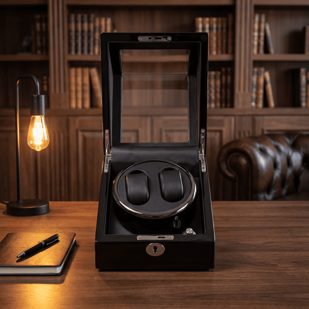 Double Watch Winder, Wood and Glass