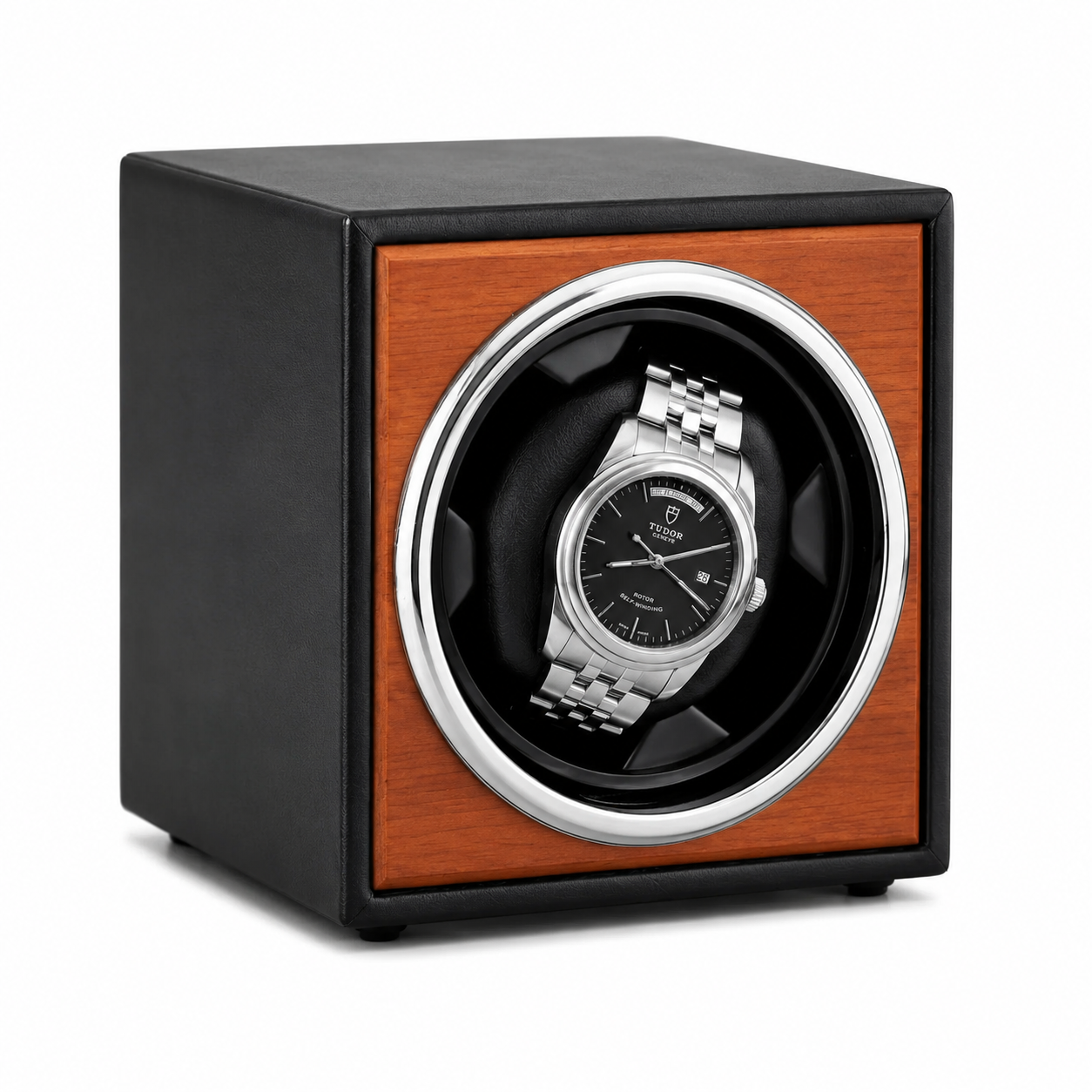 Single Watch Winder, Black and Cognac