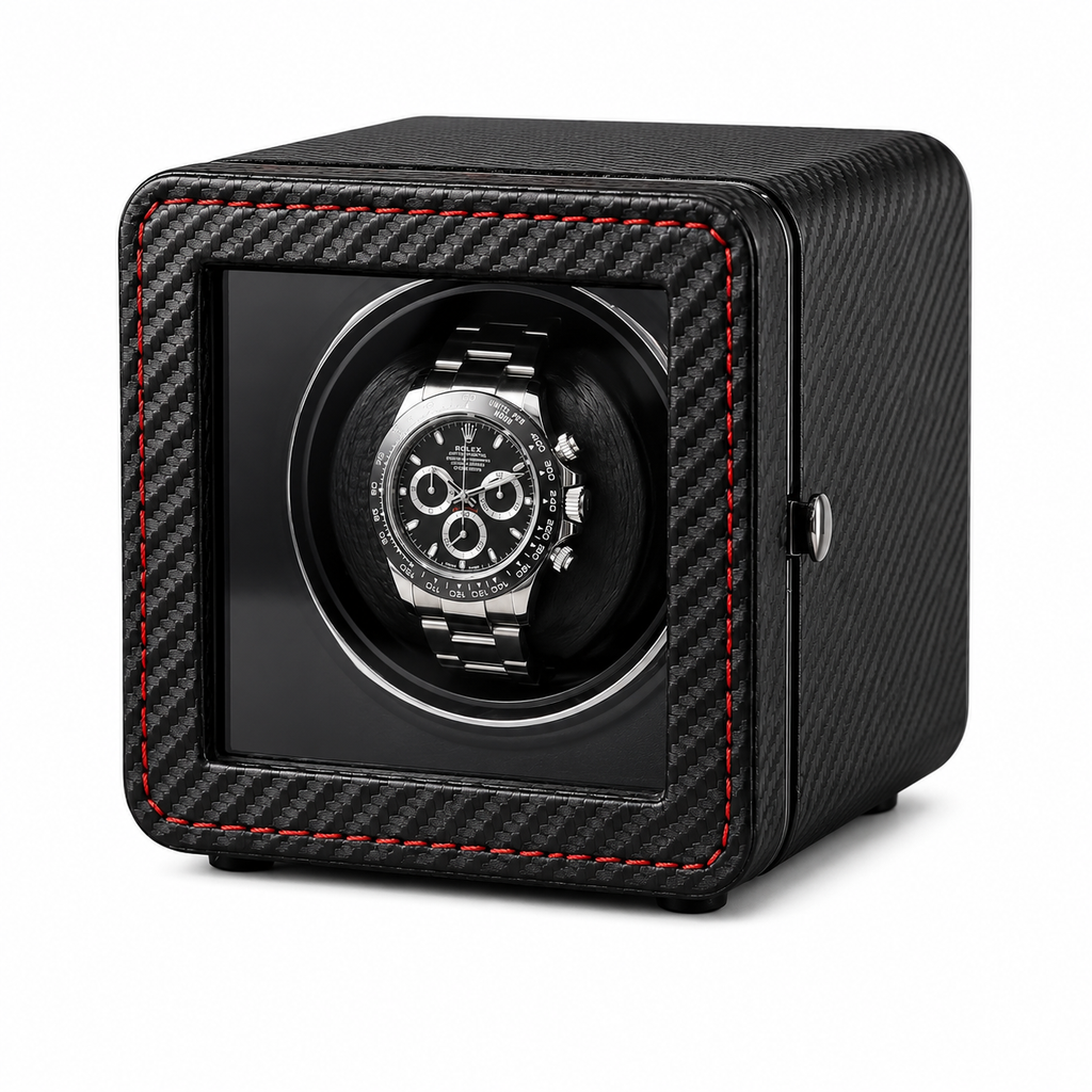 Carbon Single Watch Winder, Red Stitching