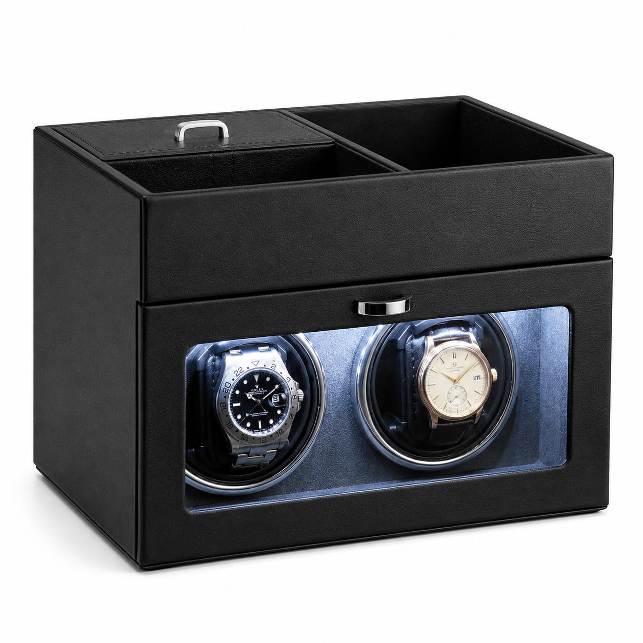 Double Watch Winder with Jewelry Box, Blue