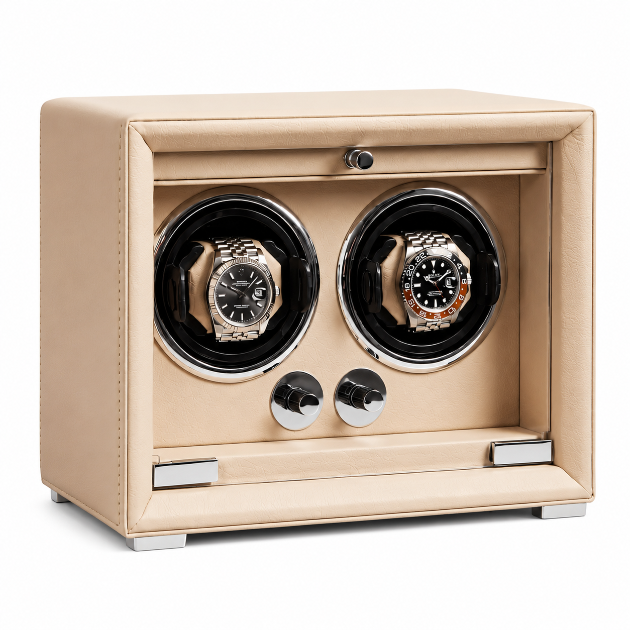 Double Watch Winder, Cream Leather