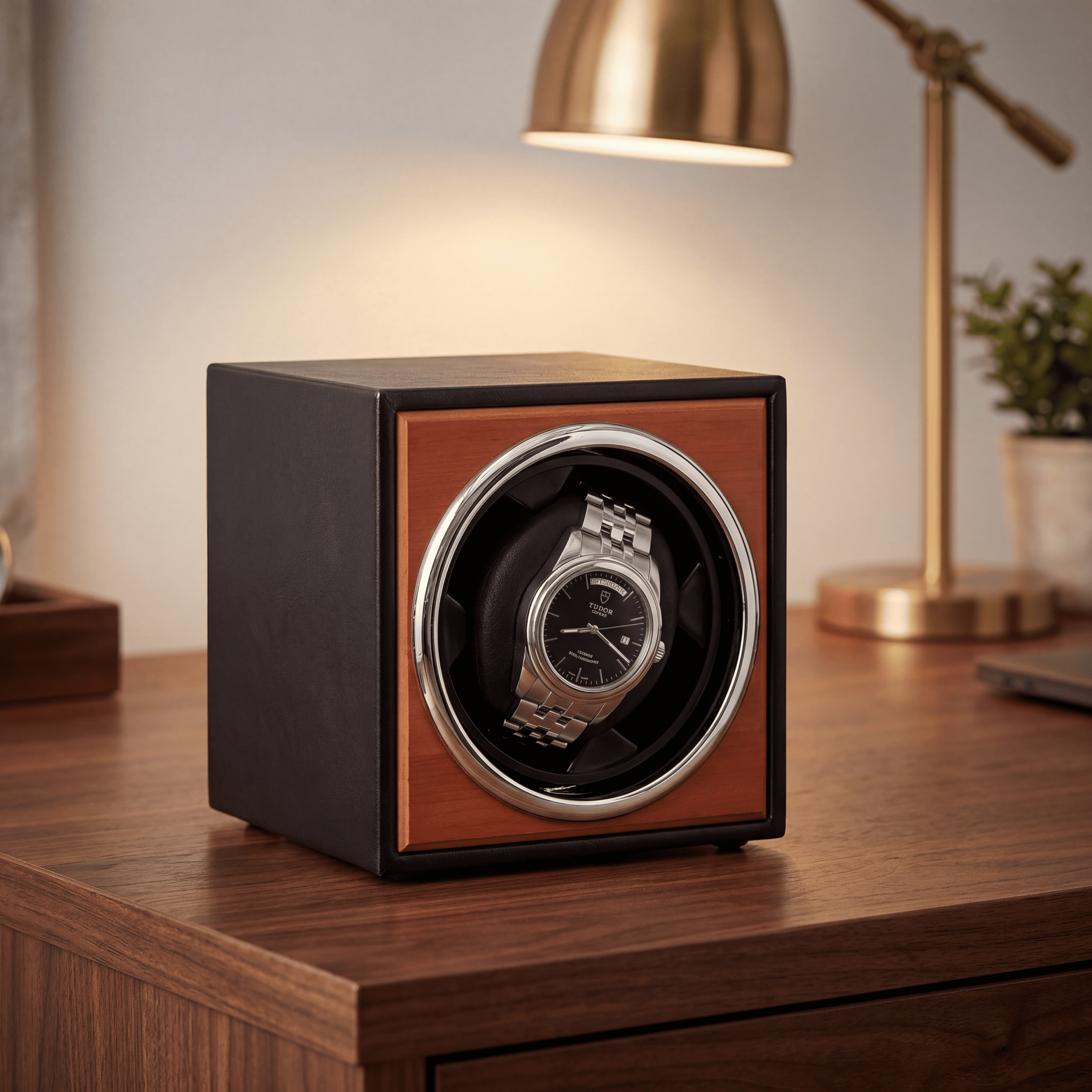 Single Watch Winder, Black and Cognac