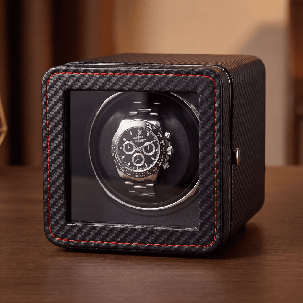 Carbon Single Watch Winder, Red Stitching
