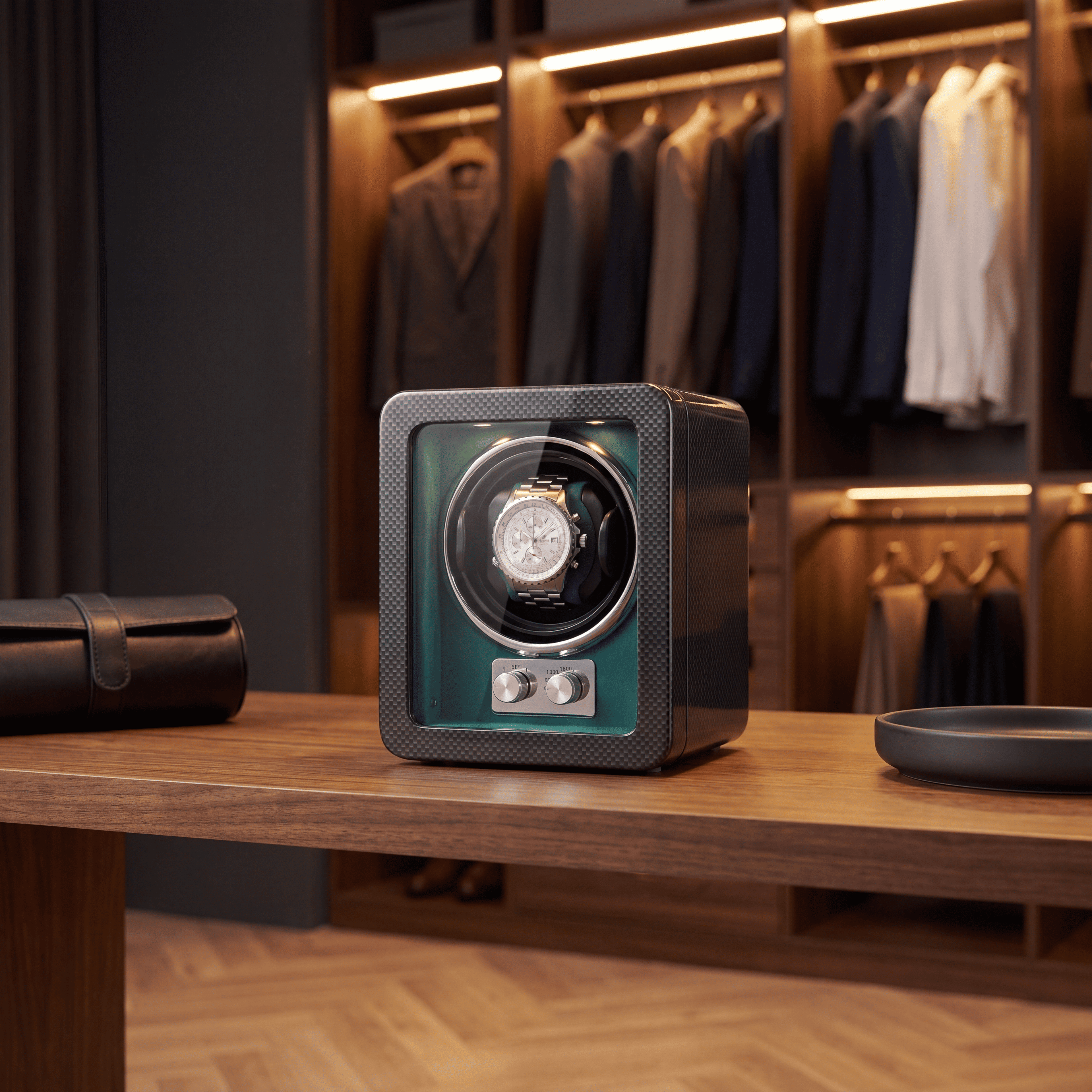 Carbon Single Watch Winder, Teal Interior, view 6