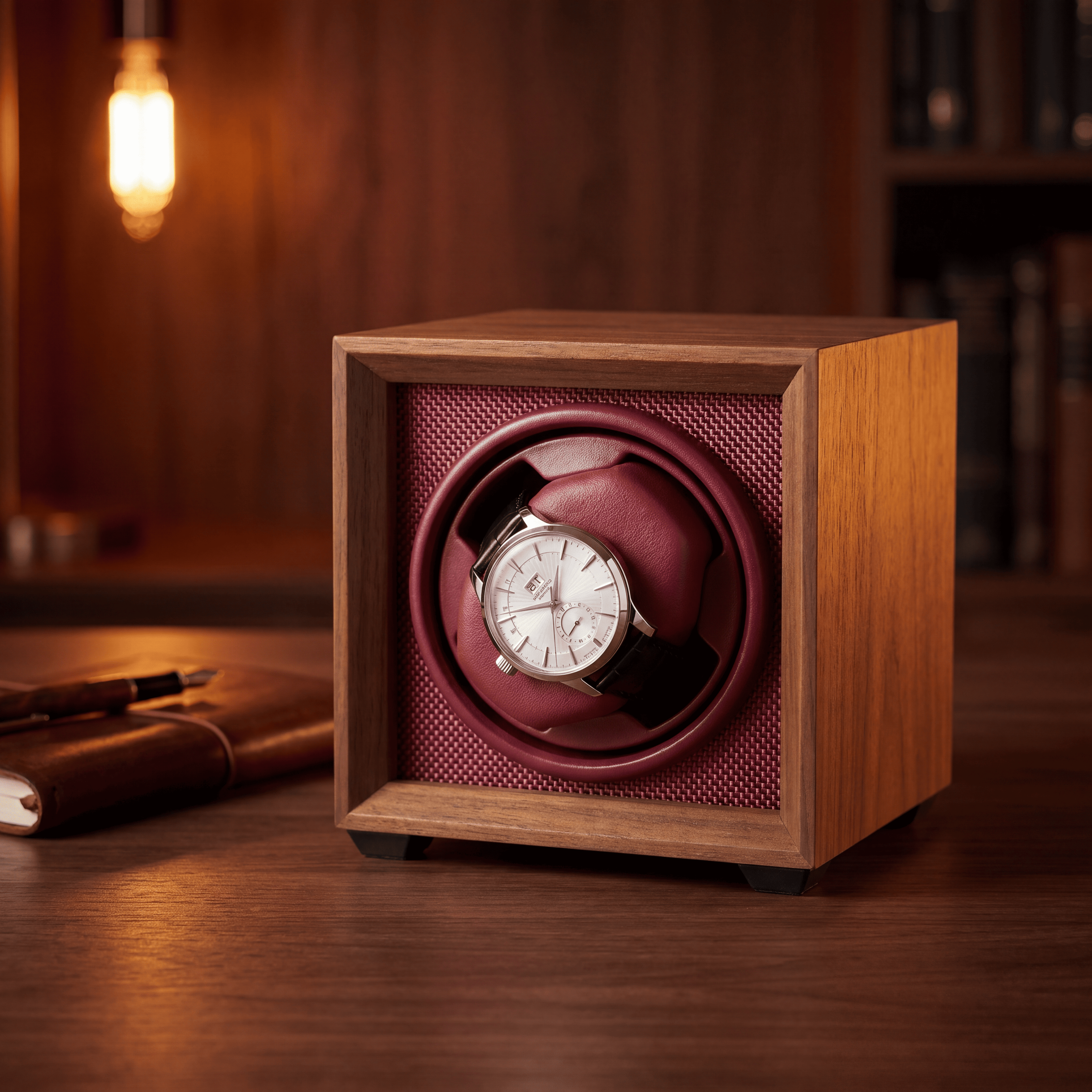 Walnut Single Watch Winder, Bordeaux Interior