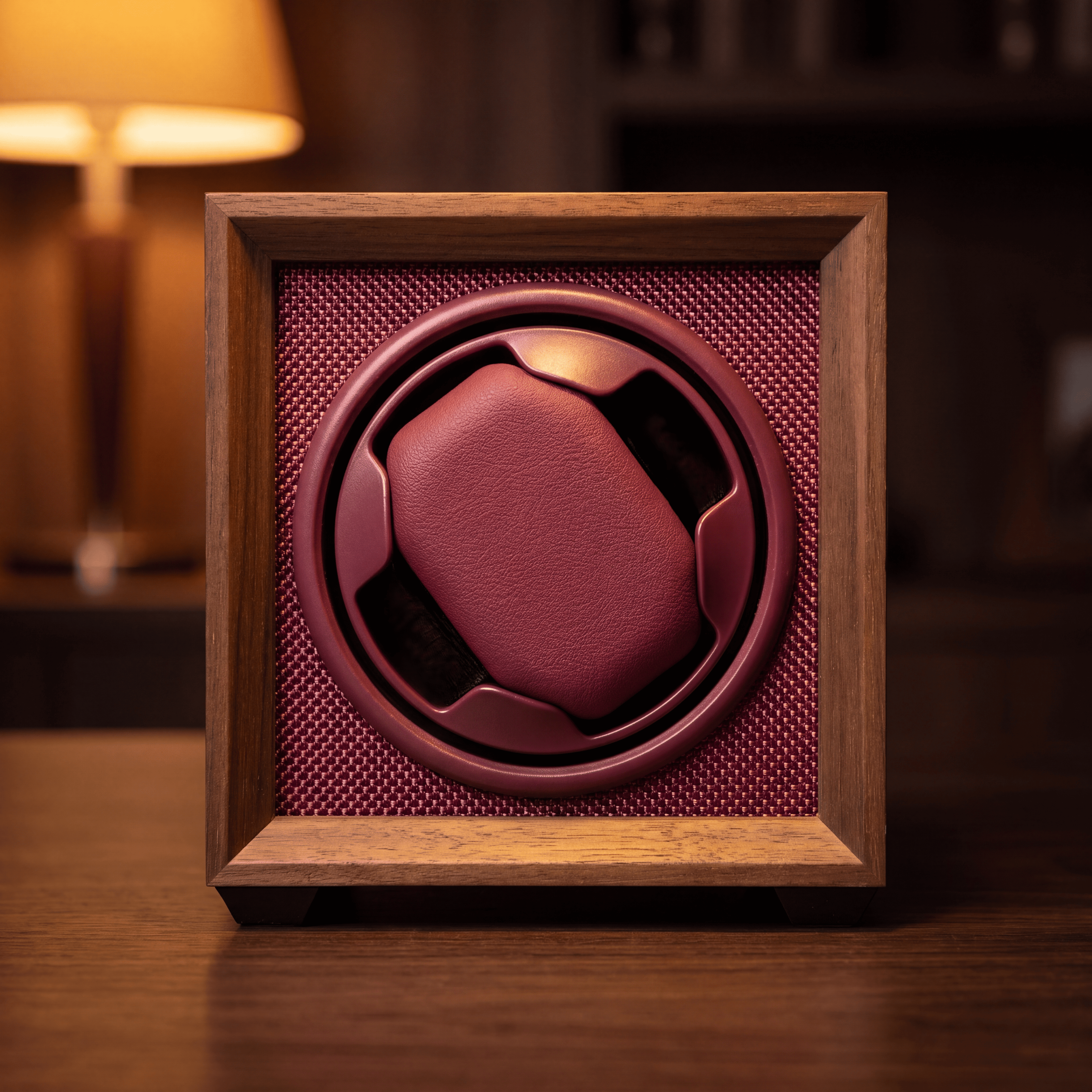 Walnut Single Watch Winder, Bordeaux Interior, view 2