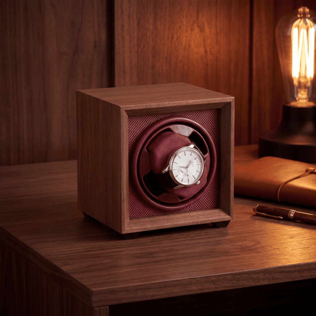 Walnut Single Watch Winder, Bordeaux Interior, view 4