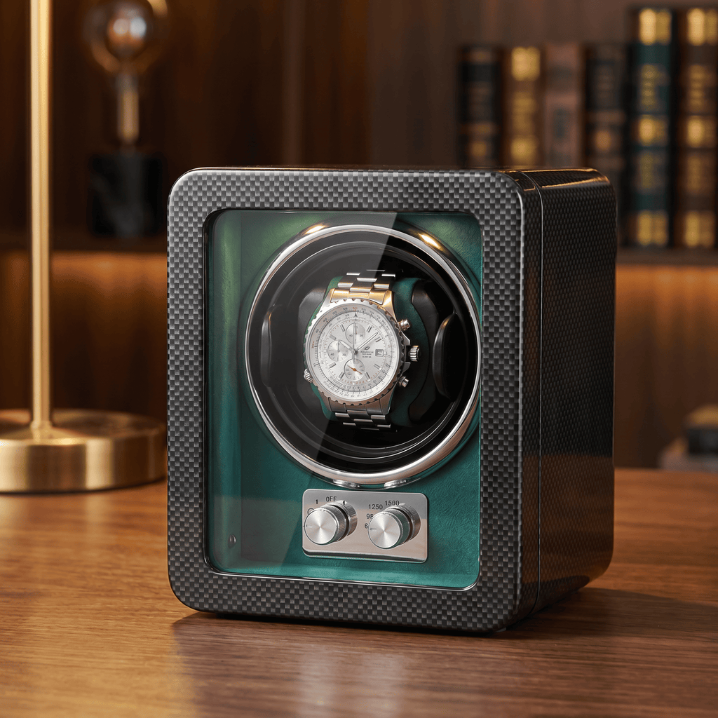 Carbon Single Watch Winder, Teal Interior, view 5