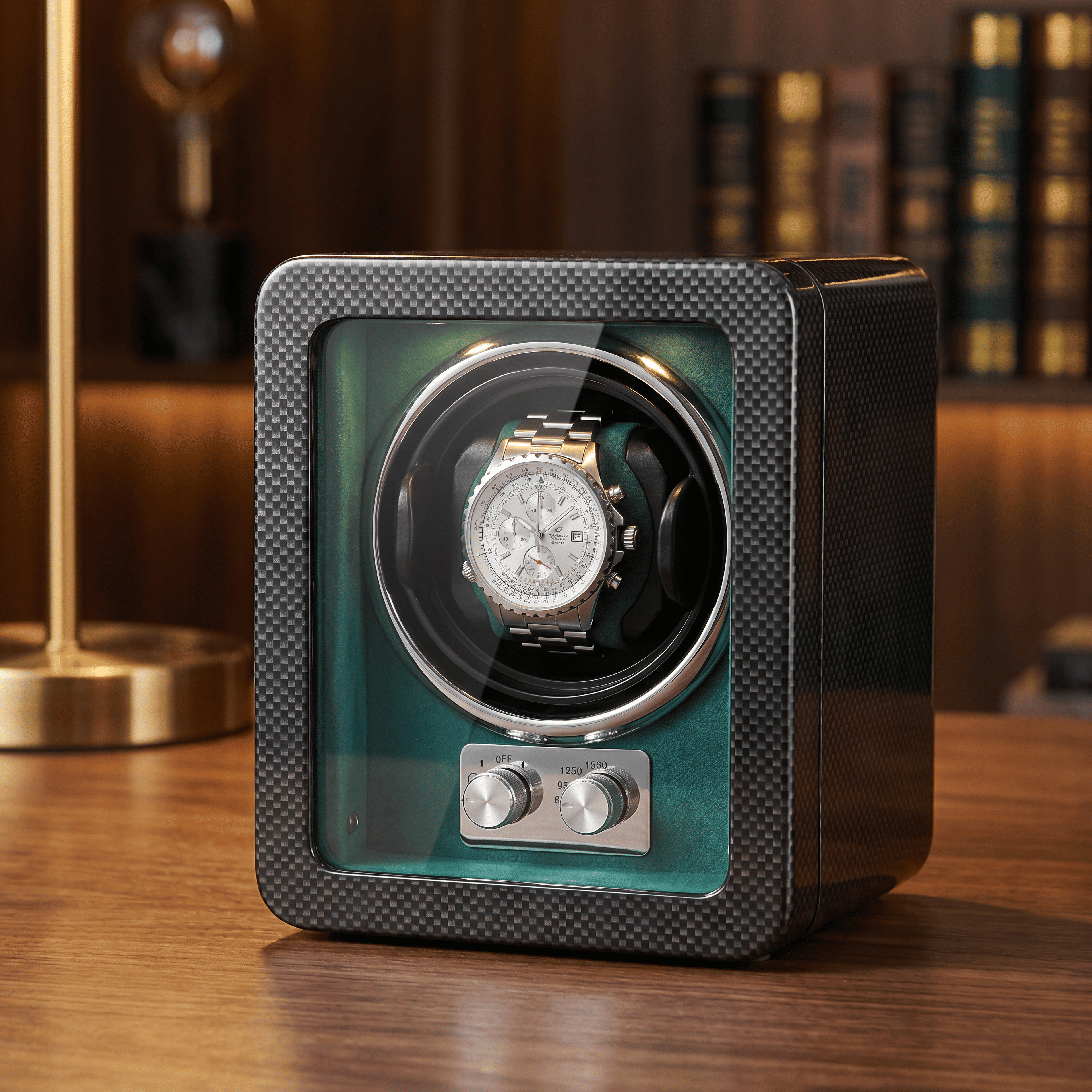 Carbon Single Watch Winder, Teal Interior, view 5