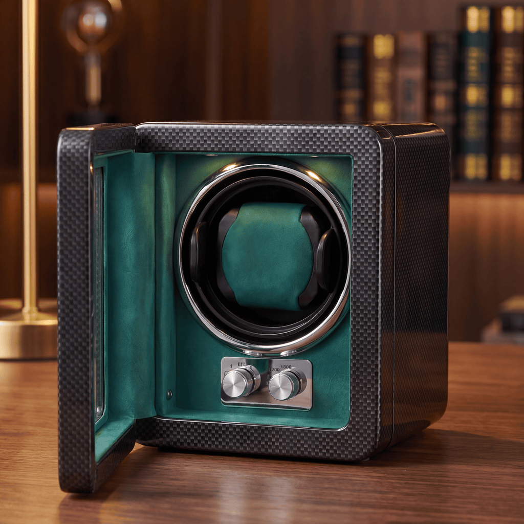 Carbon Single Watch Winder, Teal Interior, view 2