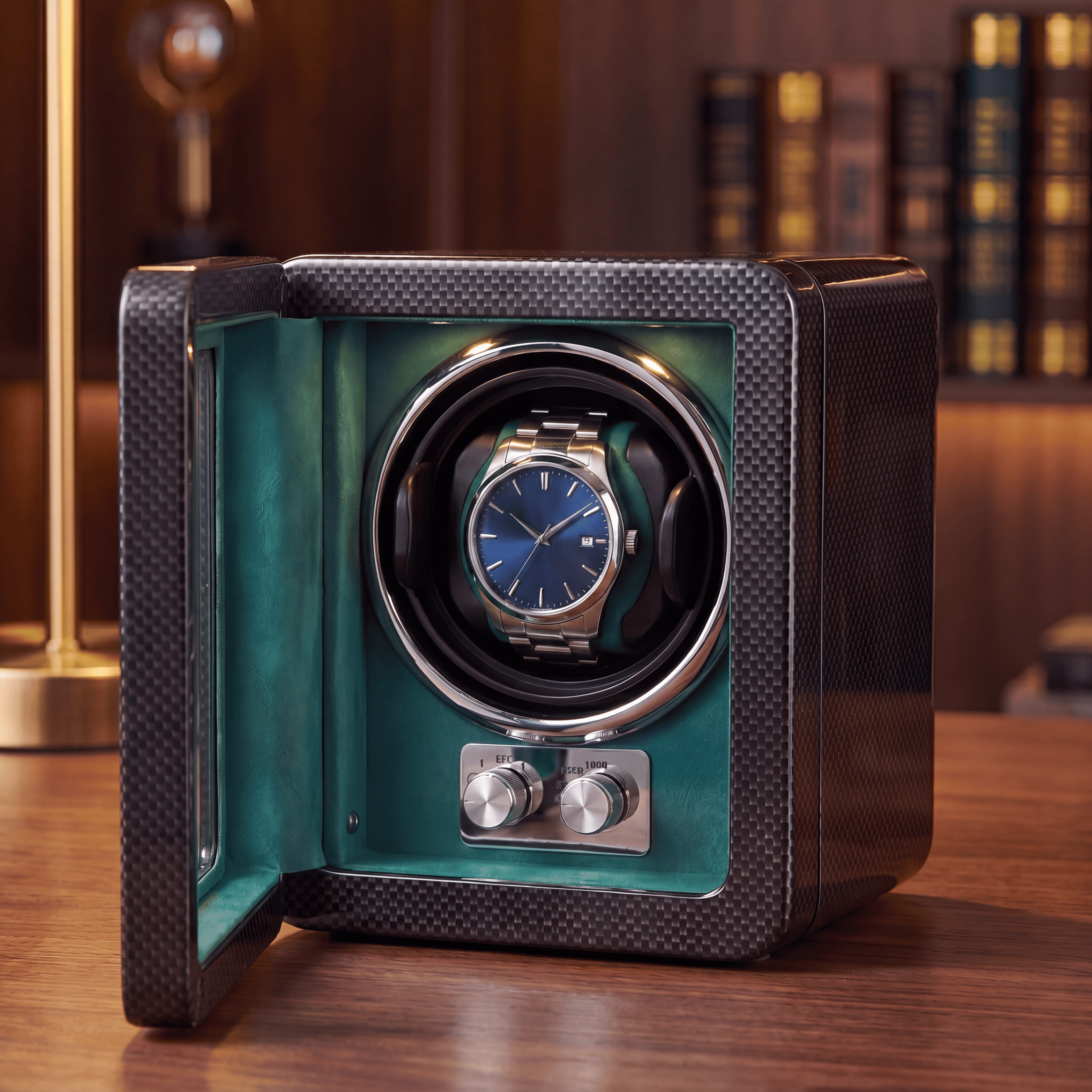 Carbon Single Watch Winder, Teal Interior
