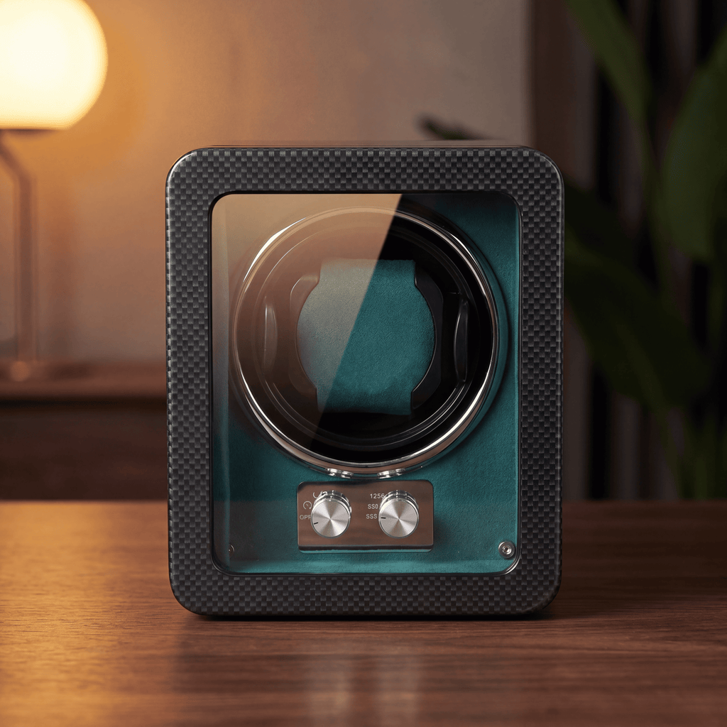 Carbon Single Watch Winder, Teal Interior, view 3