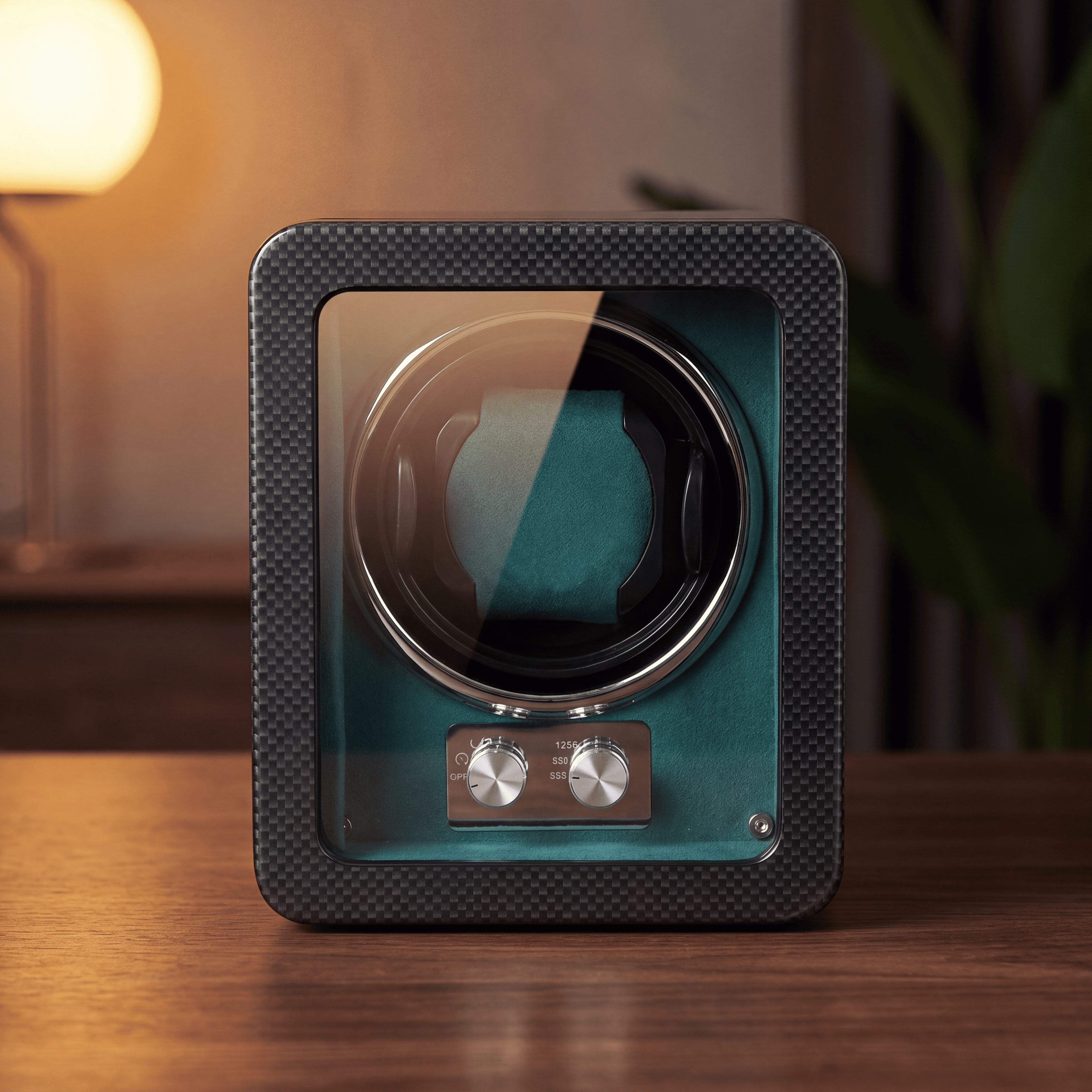 Carbon Single Watch Winder, Teal Interior, view 3