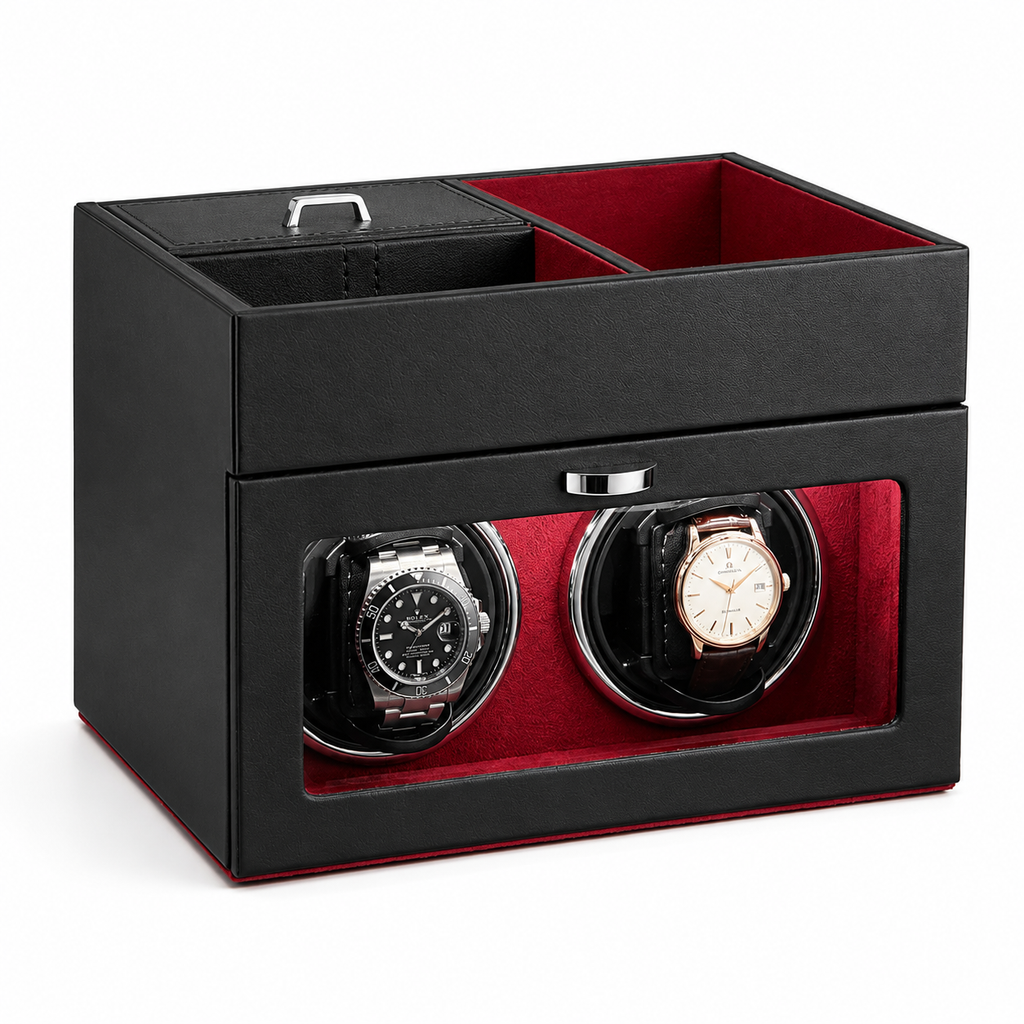 Double Watch Winder with Jewelry Box, Red