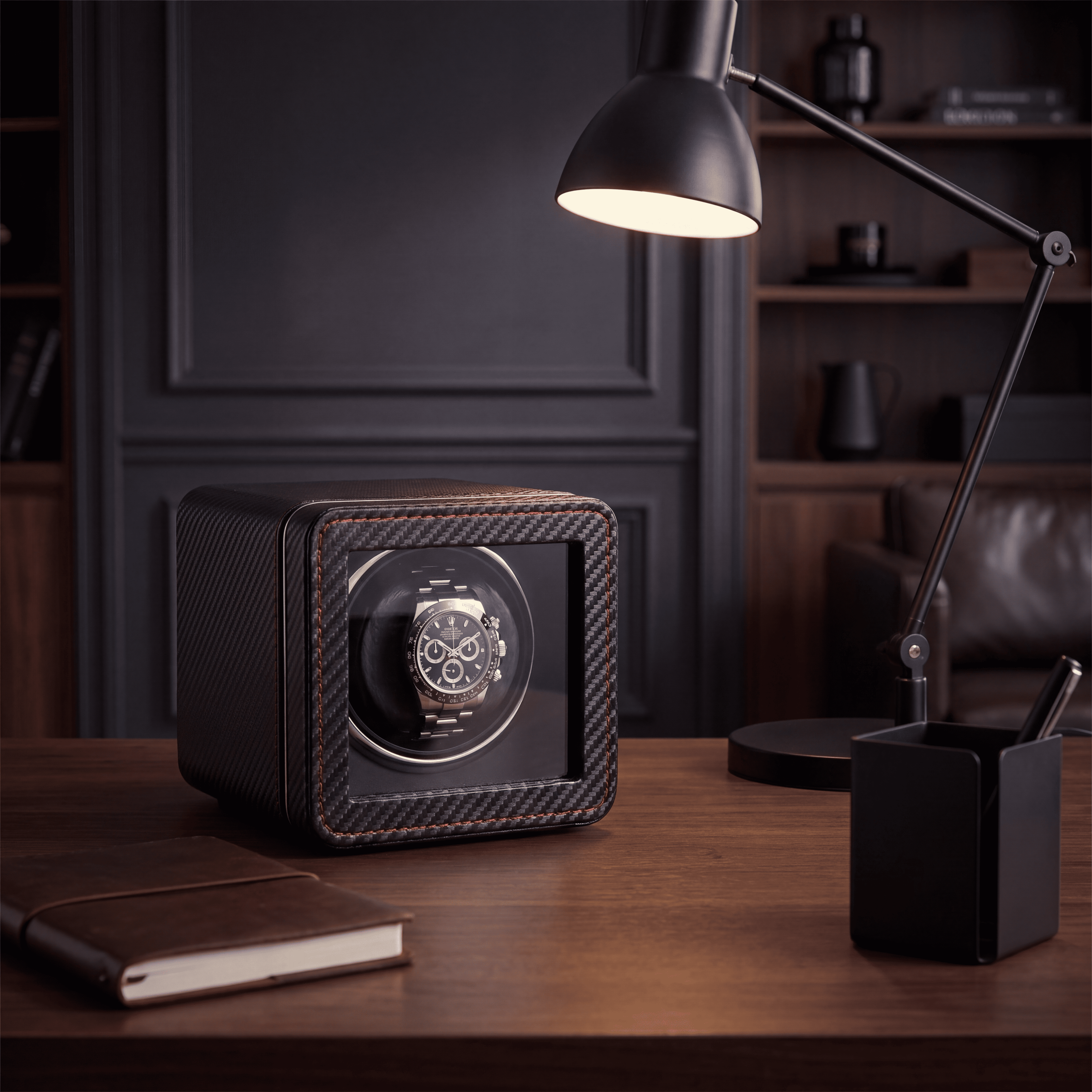 Carbon Single Watch Winder, Red Stitching, view 4