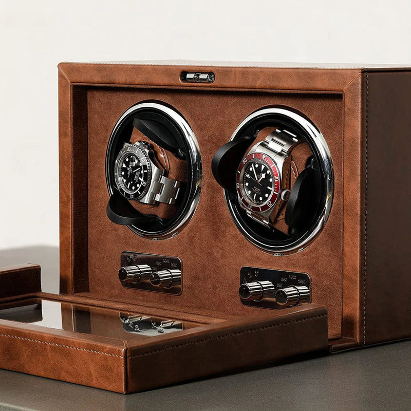Brown leather double watch winder holding two automatic watches